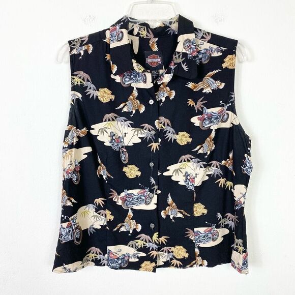Harley Davidson Motorcycles Biker Black Graphic Button Up Sleeveless Shirt Sz L - Picture 1 of 7